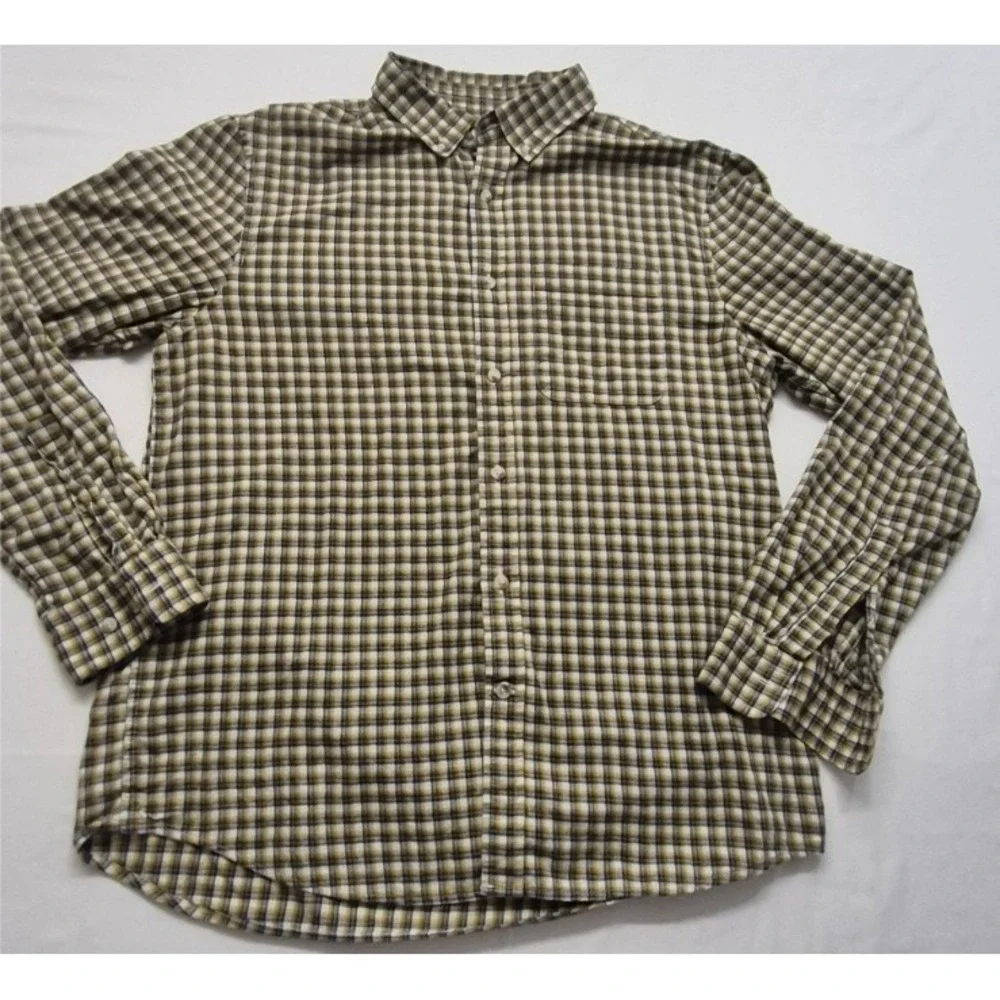 Banana Republic Untucked Fit men's brown plaid‎ LS button up shirt LG Cotton